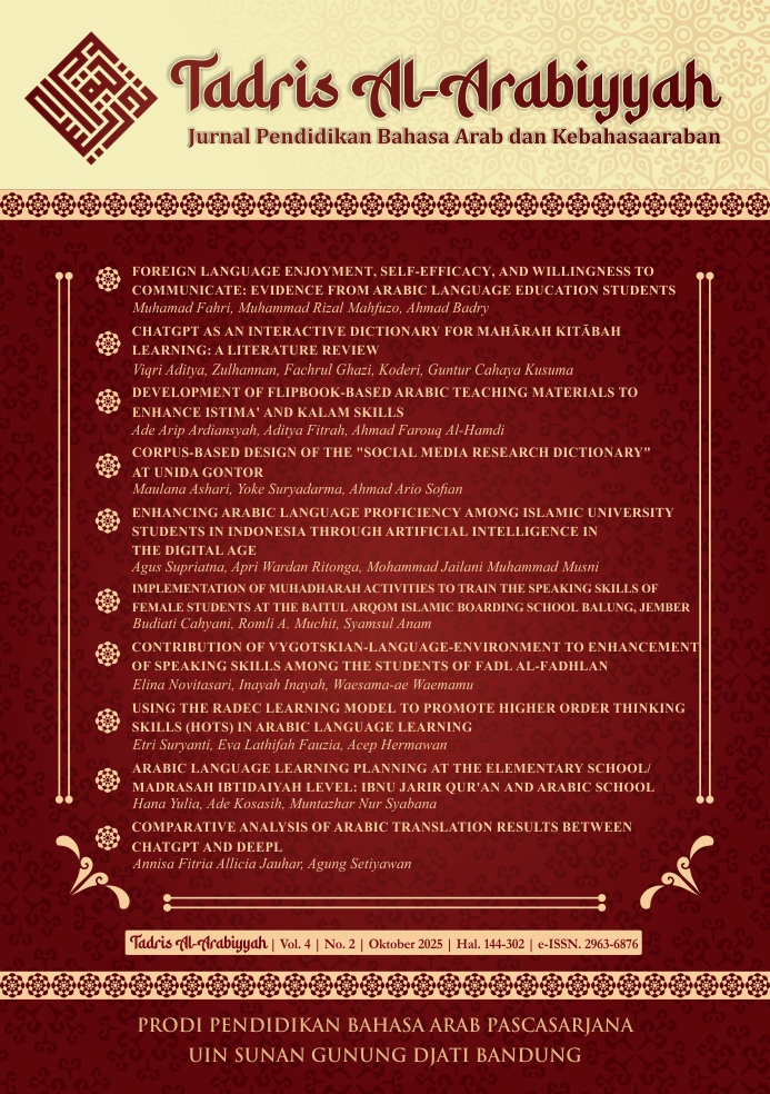					View Vol. 4 No. 2 (2025): Tadris Al-'Arabiyyah: Jurnal Pendidikan Bahasa Arab dan Kebahasaaraban
				