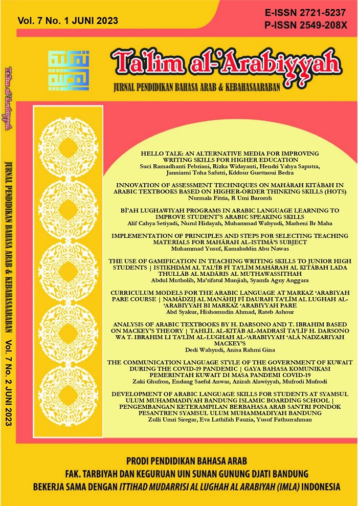 In this edition, the Journal of Ta'lim al-'Arabiyyah: Jurnal Pendidikan Bahasa Arab dan Kebahasaaraban publishes 9 articles in this issue, which are the works of 26 researchers. They consist of students, Arabic teachers, teachers at Islamic boarding schoo